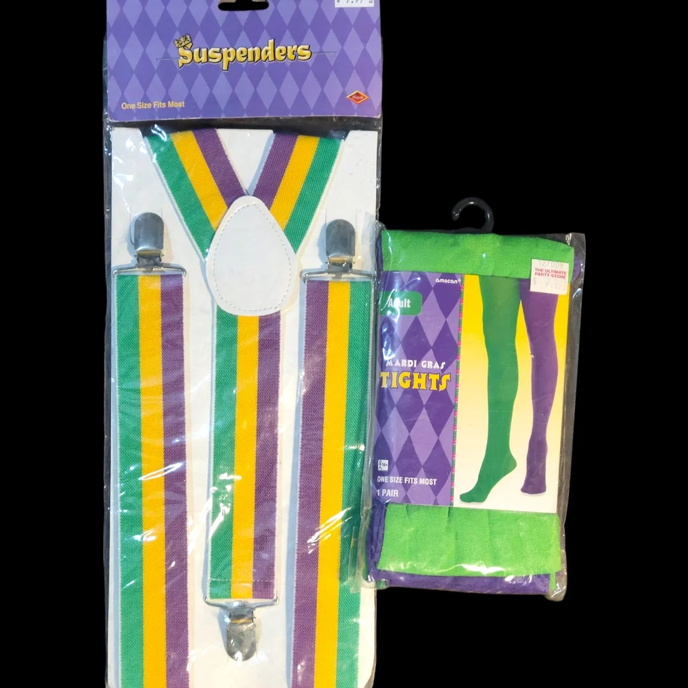 Amscan Mardi Gras Suspenders and Tights Set - Vibrant Purple, Green, Yellow